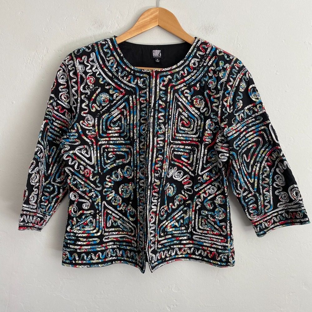 Gumps San Francisco Jacket Blazer Women Size Small Ribbon Art to Wear Flaw
